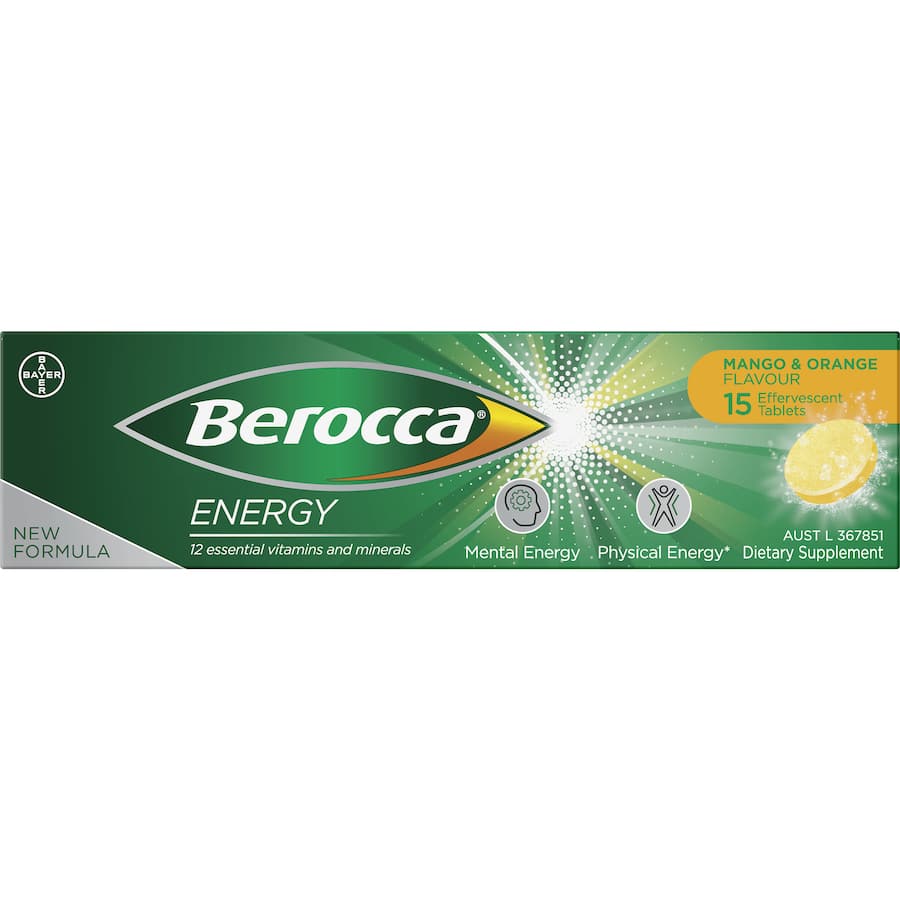 Effervescent tablet with mango and orange flavor, boosting energy and mental clarity with essential vitamins and minerals.