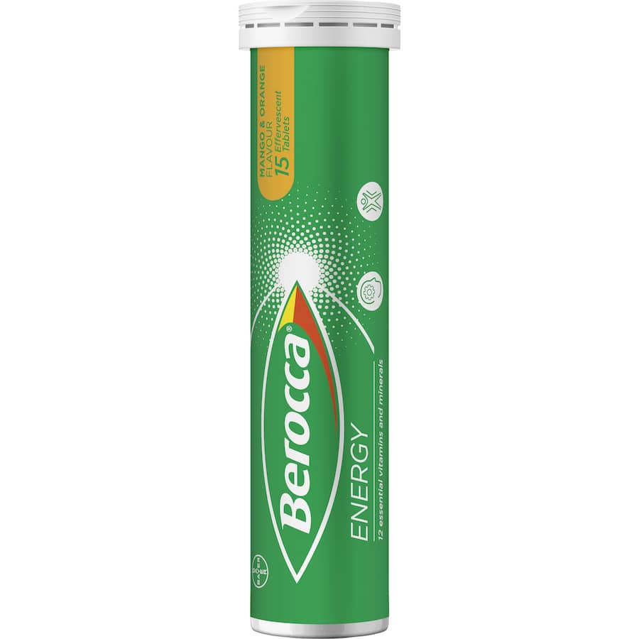 Effervescent energy tablet in mango and orange flavor, packed with B vitamins and Vitamin C for mental clarity and vitality.