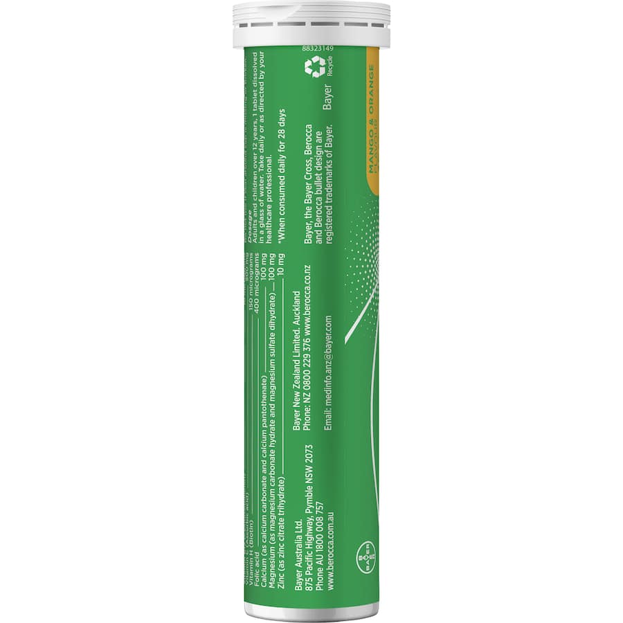 Effervescent tablet featuring mango and orange flavors for energy, clarity, and essential vitamins and minerals.