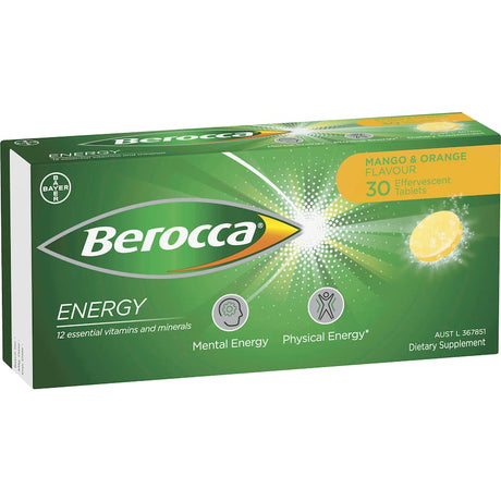 Effervescent tablets in Mango & Orange flavor, packed with B vitamins and minerals for energy and mental sharpness.