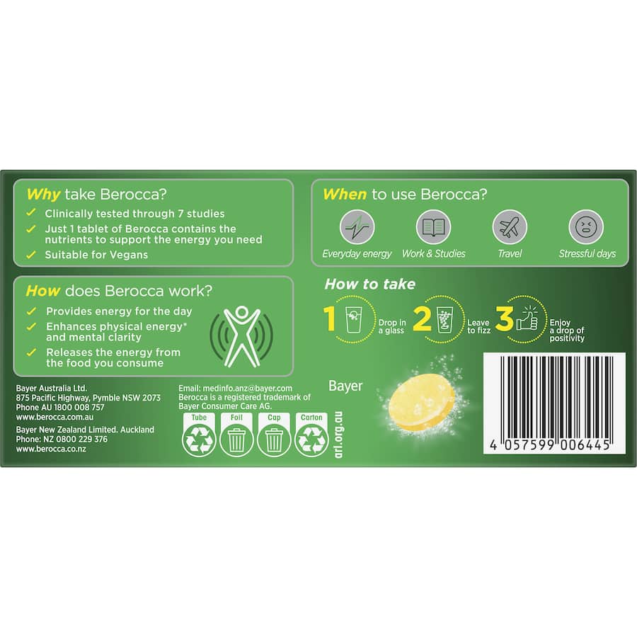 Effervescent tablets in Mango & Orange flavor, enhancing energy and mental sharpness with essential vitamins and minerals.