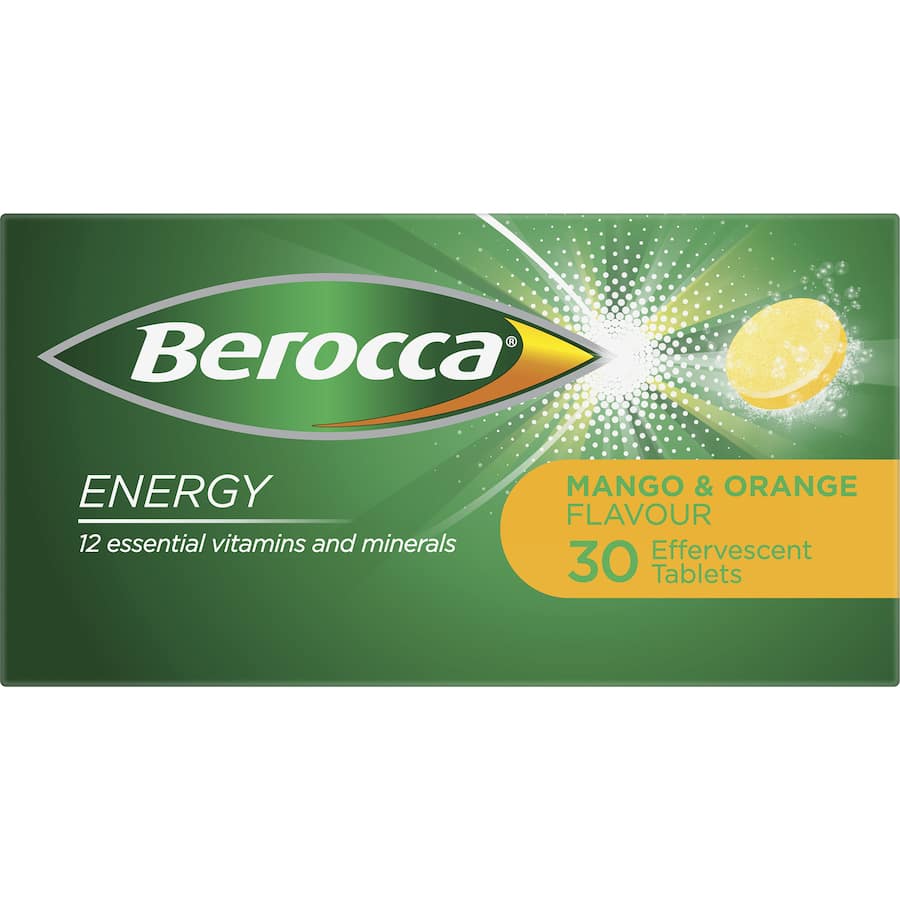 Effervescent vitamins in Mango & Orange flavor, boosting energy and mental sharpness with essential B vitamins and minerals.