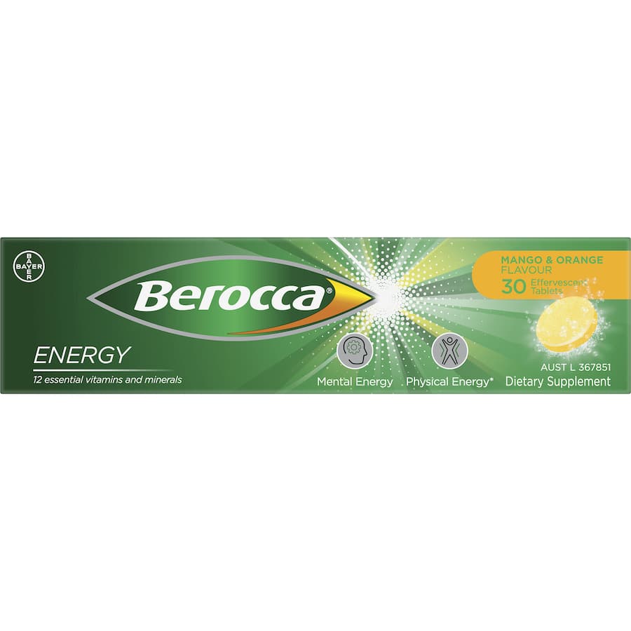 Effervescent vitamin tablets in Mango & Orange flavor, boosting energy and mental sharpness with B vitamins and minerals.