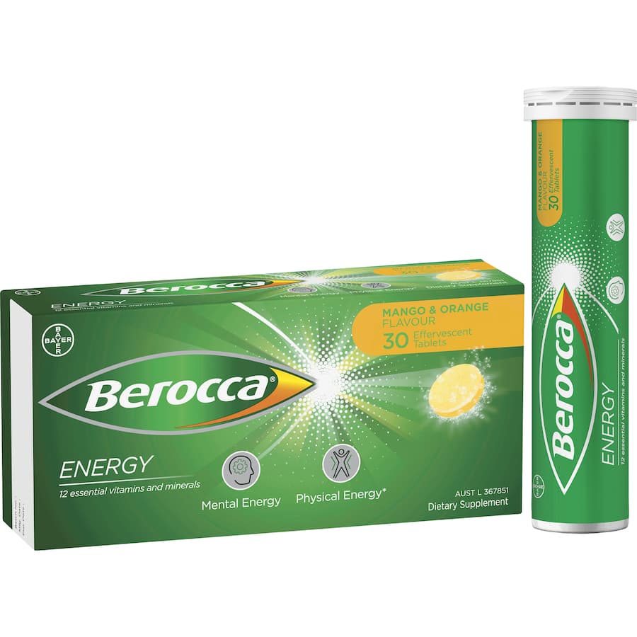 Effervescent tablets in Mango & Orange flavor, boosting energy and mental sharpness with essential vitamins and minerals.
