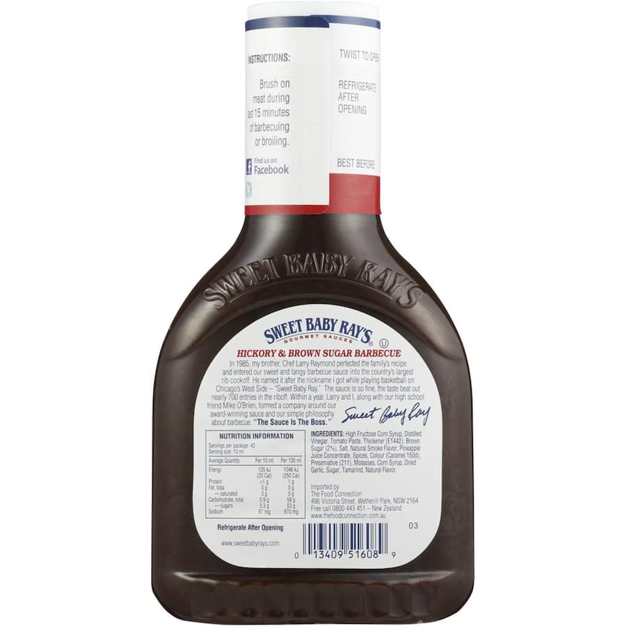 Sweet Baby Ray's BBQ Sauce with hickory and brown sugar, offering a rich, smoky flavor perfect for grilling and marinades.