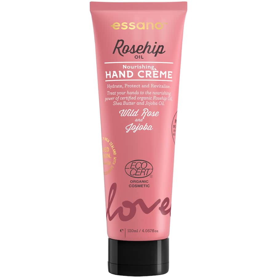 Essano Nourishing Hand Cream with Rosehip, certified organic, deeply hydrates and repairs dry skin for a soft, smooth finish.