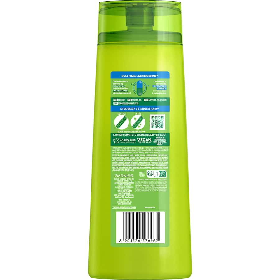 Garnier Fructis Shampoo Normal: revitalizing shampoo with Grapefruit Extract for stronger, healthier hair, paraben and silicone-free.