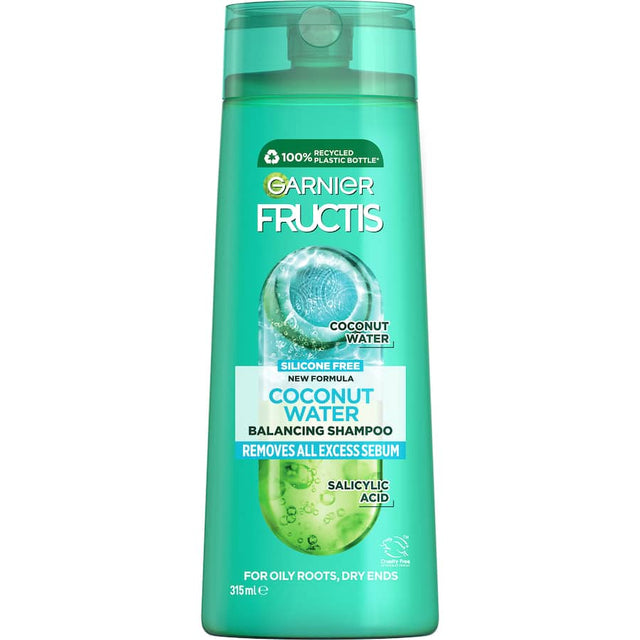 Garnier Fructis Coconut Water Shampoo, revitalizing blend for oily roots and dry ends, delivers hydration with a refreshing coconut aroma.