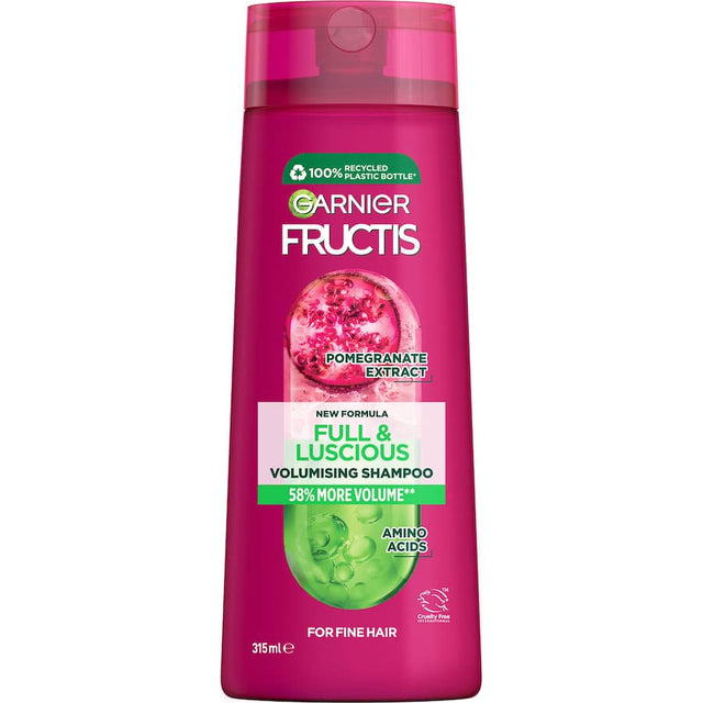 Garnier Fructis Full And Luscious Shampoo enhances hair thickness and vitality with pomegranate extract and fiber-filling technology.