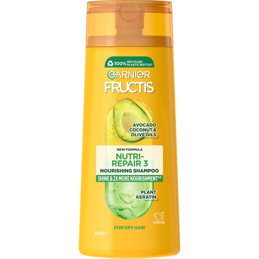 Garnier Fructis Shampoo Nutri Repair 3 features three fruit oils for deep hydration, repairing dry, damaged hair.