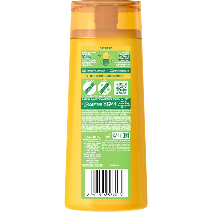 Garnier Fructis Nutri Repair 3 Shampoo with olive, avocado, and shea oils for soft, shiny, and nourished hair.