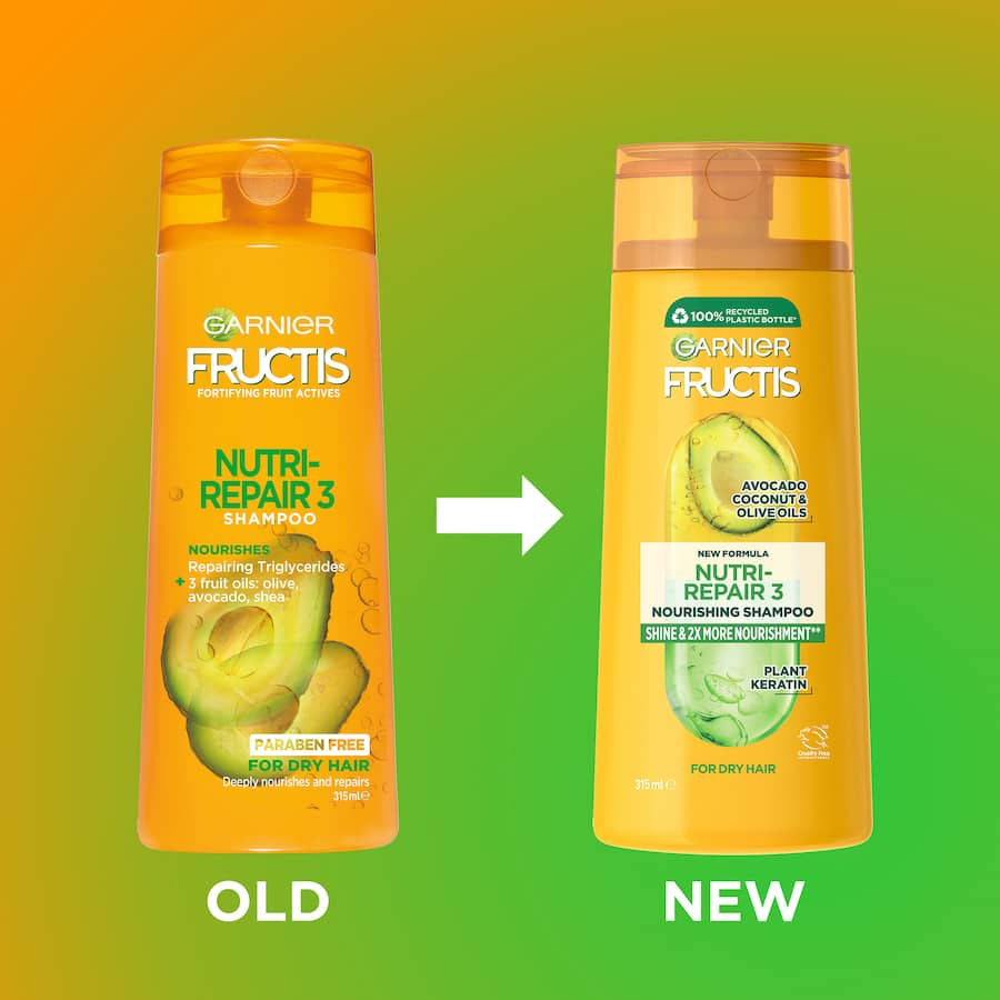 Garnier Fructis Shampoo Nutri Repair 3 with olive, avocado, and shea oils for deep hydration and hair restoration.