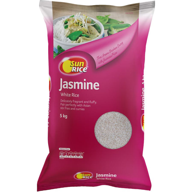 Sunrice Jasmine Rice: aromatic, fluffy long-grain rice, perfect for Southeast Asian dishes and gluten-free cooking.