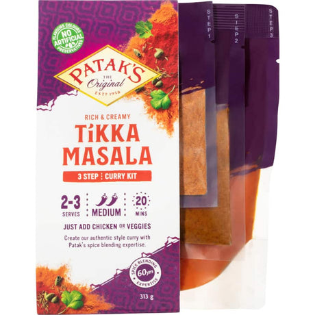 Patak's Tikka Masala Curry Kit offers whole spices, sauce, and paste for authentic Indian curry in 20 minutes.