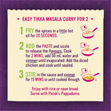 Patak's Tikka Masala Curry Kit for crafting authentic medium heat curry with whole spices, tomato sauce, and spice paste.