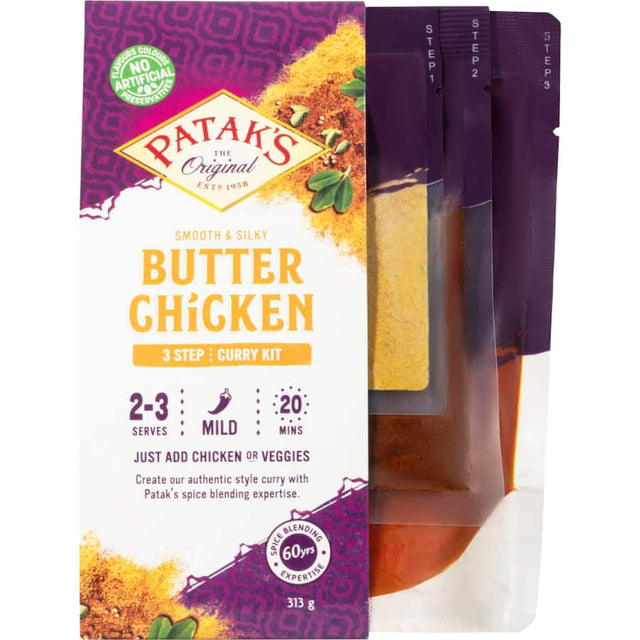 Patak's Butter Chicken Curry Kit with spices, sauce, and paste for an easy, authentic Indian meal in 20 minutes.