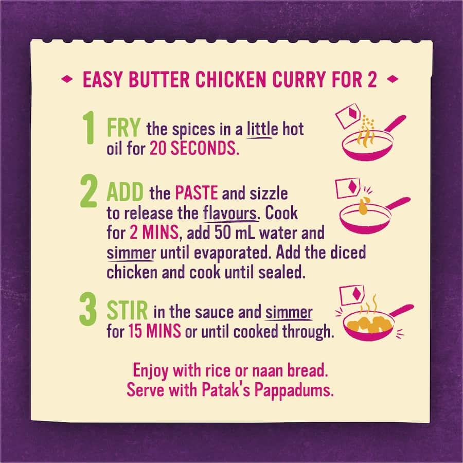 Patak's Butter Chicken Curry Kit with spices, paste, and creamy sauce for authentic Indian flavors in just 20 minutes.