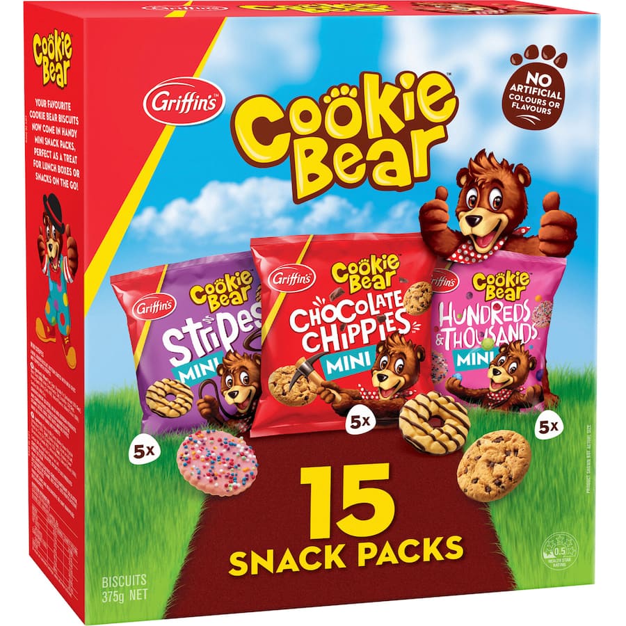 Griffins Cookie Bear Biscuits in a 375g pack, featuring fun shapes and a delightful chocolatey flavor, perfect for sharing.