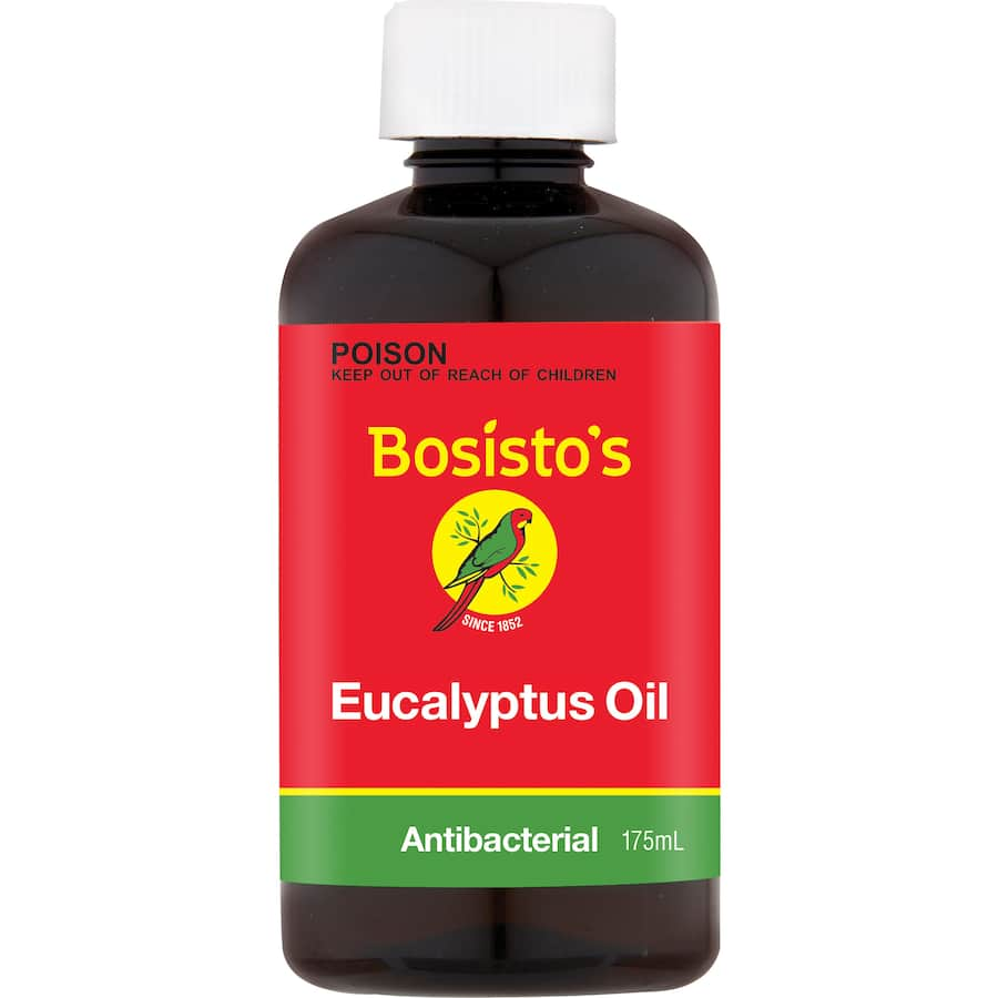 Bosiots Eucalyptus Oil: 100% Australian essential oil known for respiratory relief, soothing muscles, and refreshing home environments.