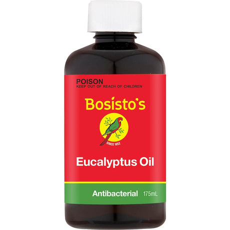 Bosiots Eucalyptus Oil: 100% Australian essential oil known for respiratory relief, soothing muscles, and refreshing home environments.