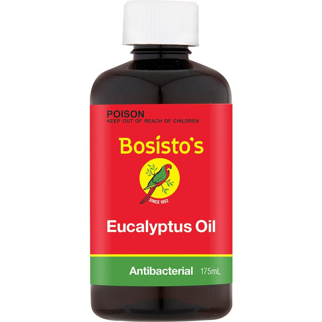 Bosiots Eucalyptus Oil: 100% Australian essential oil known for respiratory relief, soothing muscles, and refreshing home environments.