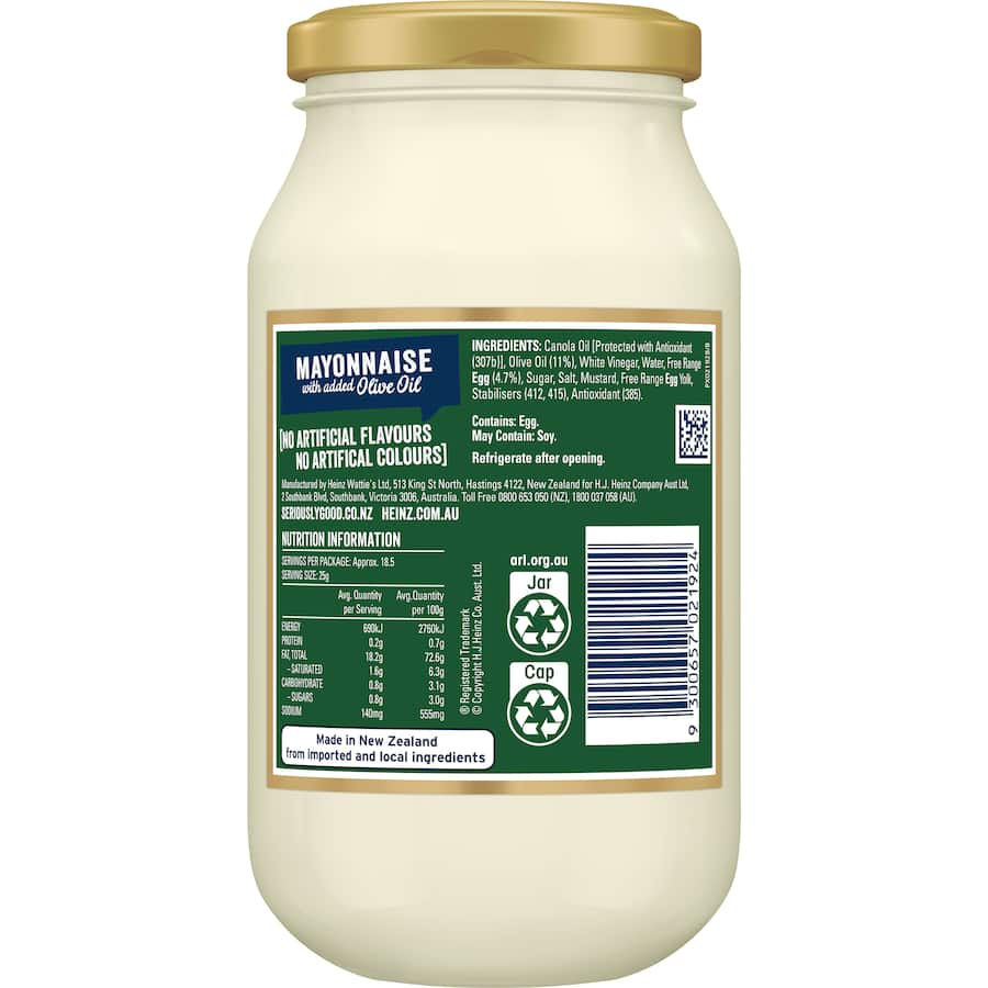 Heinz Seriously Good Mayonnaise with Olive Oil, featuring creamy texture, free range eggs, and no artificial flavors, perfect for meals.