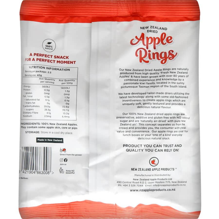 NZ Dried Apple Rings - all-natural snack made from 100% New Zealand sweet apples, perfect for healthy cravings.