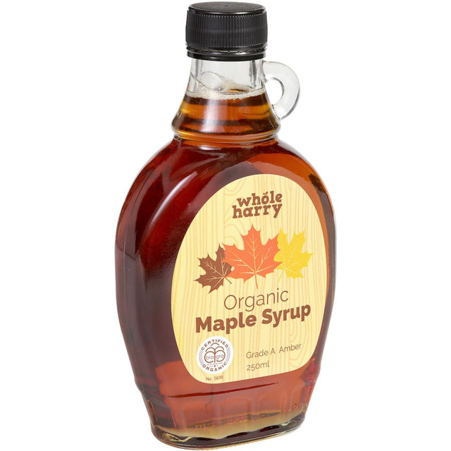 Whole Harry Maple Syrup Amber Organic bottle showcasing premium, organic maple syrup for pancakes and desserts.