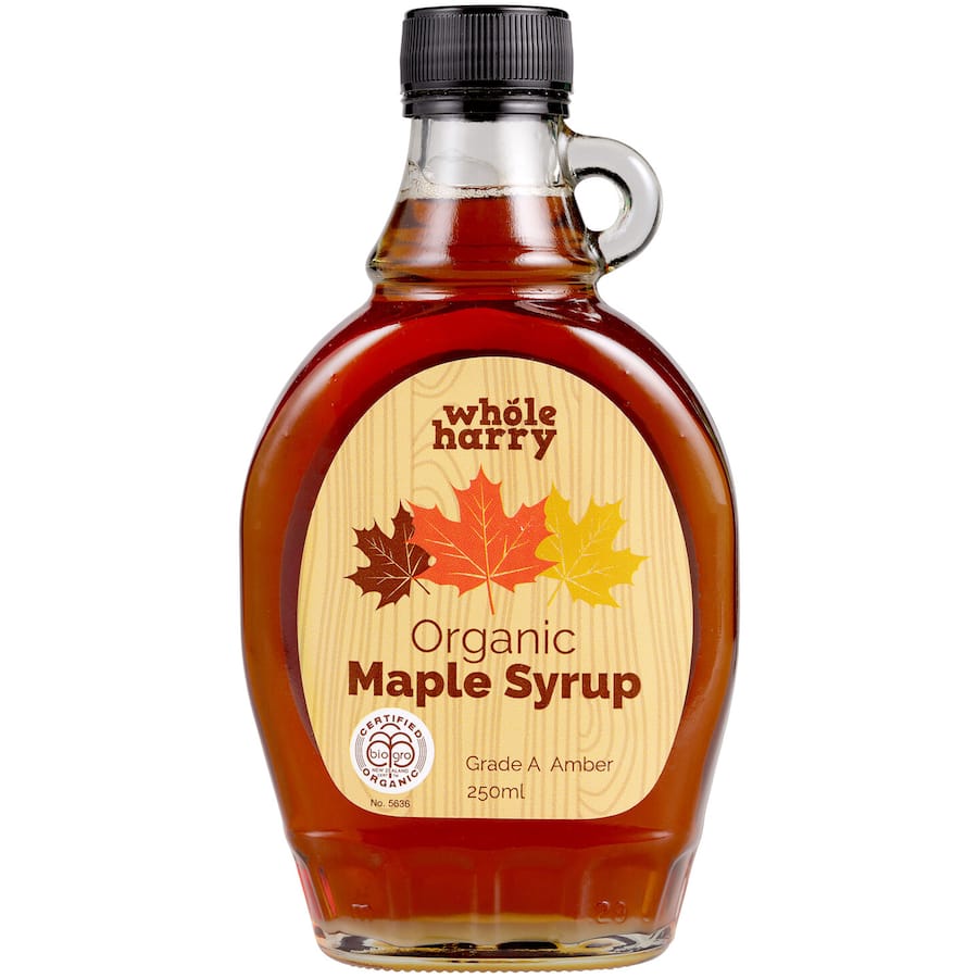 Whole Harry Amber Organic Maple Syrup bottle, showcasing rich color and premium organic quality for guilt-free indulgence.