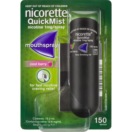 Nicorette Quick Mist Berry: Fast-acting nicotine spray for cravings relief, delivers 1mg nicotine per spray in a refreshing berry flavor.