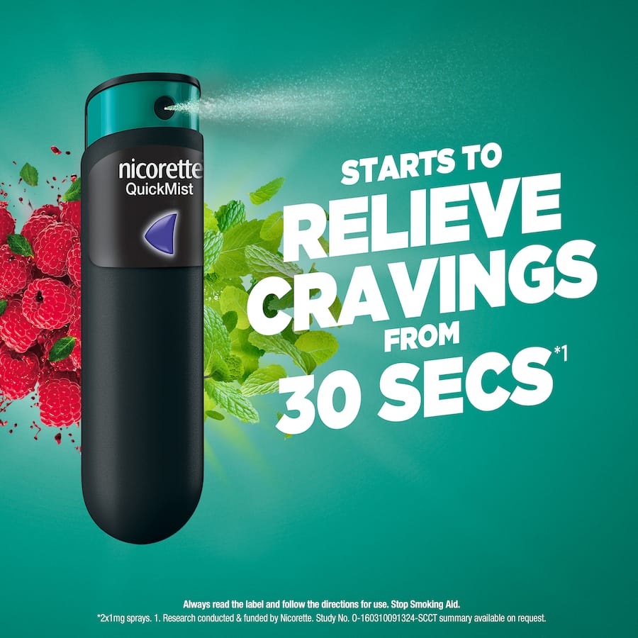 Nicorette Quick Mist in Cool Berry flavor for fast relief from nicotine cravings, delivering 1mg per spray to aid quitting.