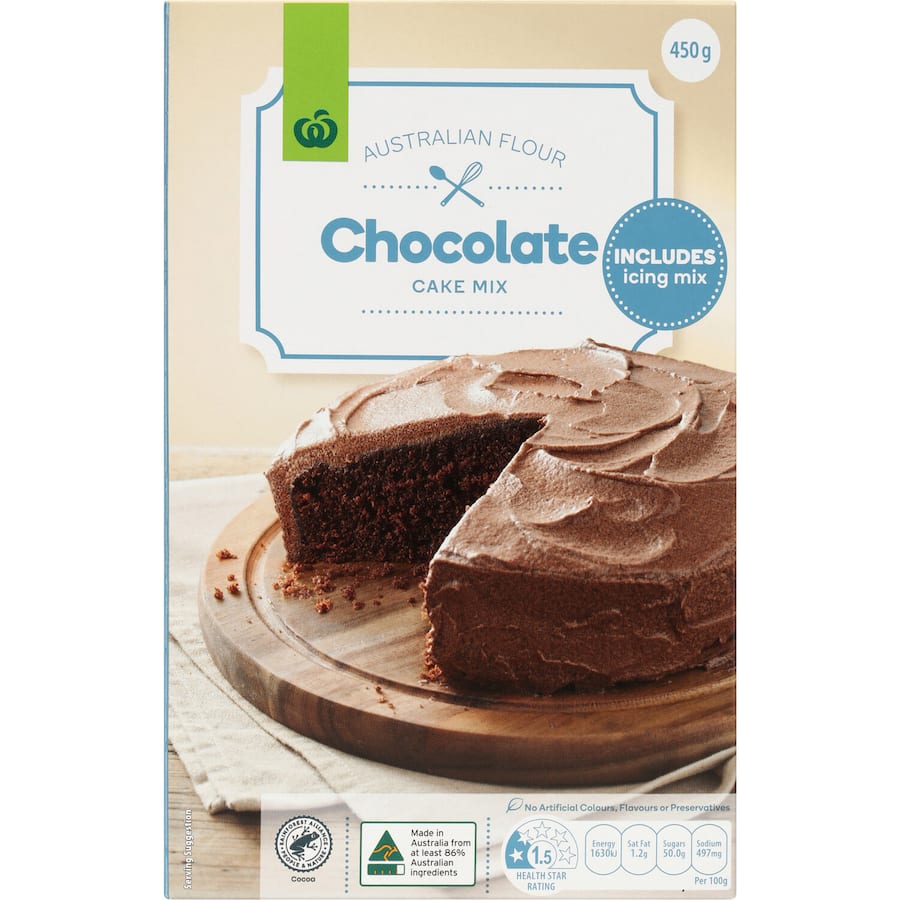 Woolworths Cake Mix Chocolate with Icing, a 450g premium mix for a moist, rich chocolate cake with included icing.