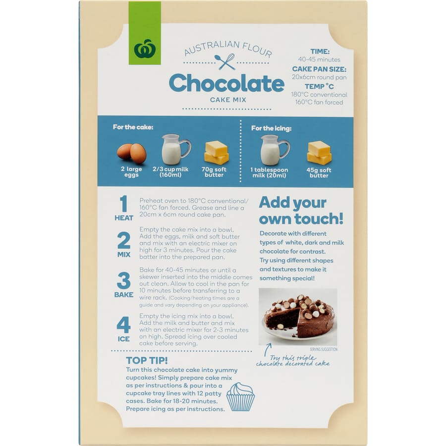 Woolworths Cake Mix Chocolate with Icing 450g, a premium blend for a rich, moist chocolate cake with icing included.