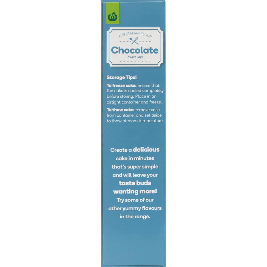 Woolworths Cake Mix Chocolate 450g with icing, made from premium ingredients for a rich, moist chocolate cake.