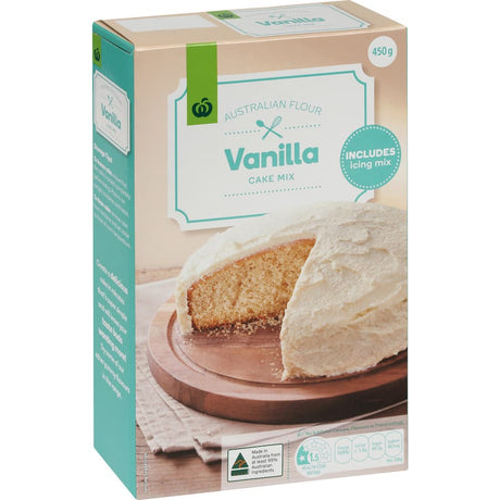 Woolworths Vanilla Cake Mix with Icing, ideal for quick, delicious cakes, no artificial ingredients, versatile for any celebration.