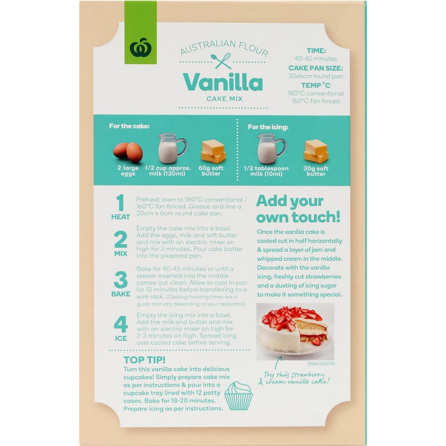 Woolworths Cake Mix Vanilla with Icing, a convenient mix for a fluffy vanilla cake topped with included icing. Perfect for gatherings!