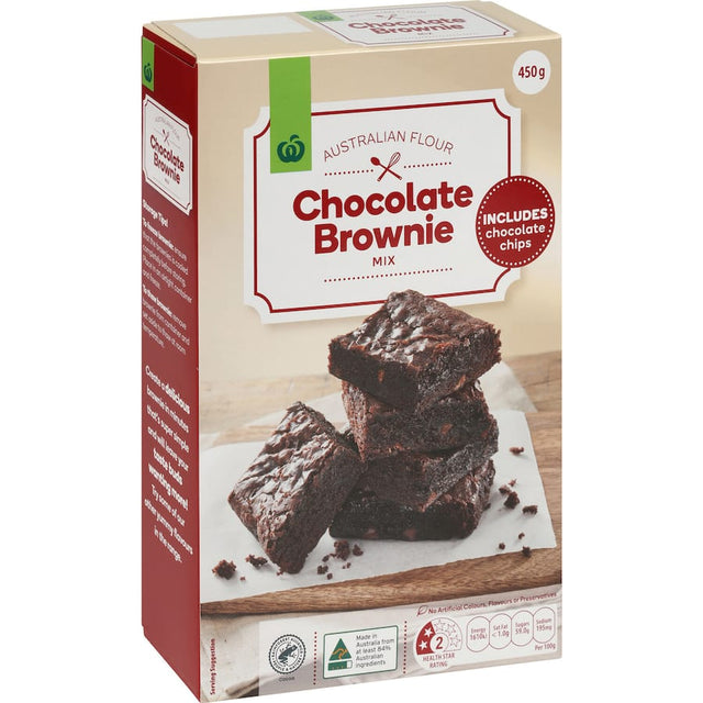 Woolworths Brownie Mix in a 450g pack, featuring rich cocoa and chocolate chips for indulgent homemade brownies.