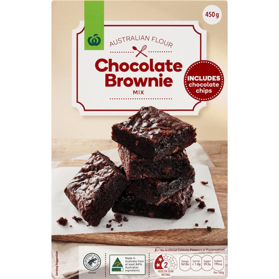 Woolworths Brownie Mix in a 450g pack, for rich, chocolatey brownies made with quality ingredients and no artificial additives.