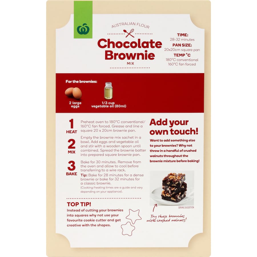 Woolworths Brownie Mix pack showcasing rich chocolate ingredients for easy, indulgent homemade brownies.