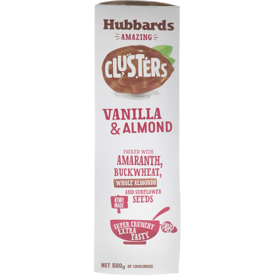 Hubbards Amazing Clusters Cereal with crunchy vanilla clusters, whole almonds, amaranth, and sunflower seeds for a nutritious breakfast.