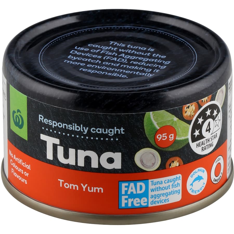 Woolworths Tuna Tom Yum can featuring high-quality skipjack tuna in a zesty tom yum sauce, perfect for quick meals and snacks.