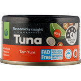 A convenient tear tab can of Woolworths Tuna Tom Yum featuring skipjack tuna in a bold, tangy tom yum sauce with herbs.