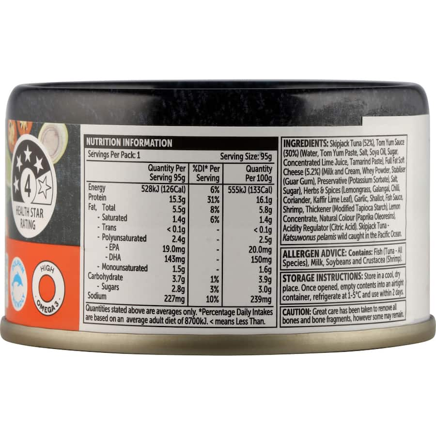 Woolworths Tuna Tom Yum in a tear tab can, featuring premium skipjack tuna with zesty tom yum sauce for tasty, healthy meals.