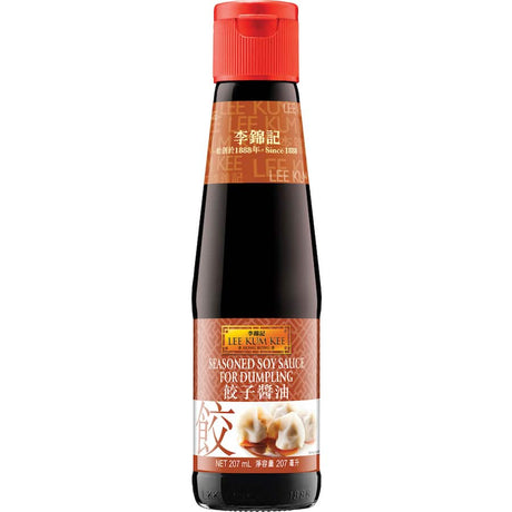 Sauce bottle featuring Lee Kum Kee Dumpling Sauce, perfect for enhancing dumplings with a savory blend of soy, garlic, and chili.