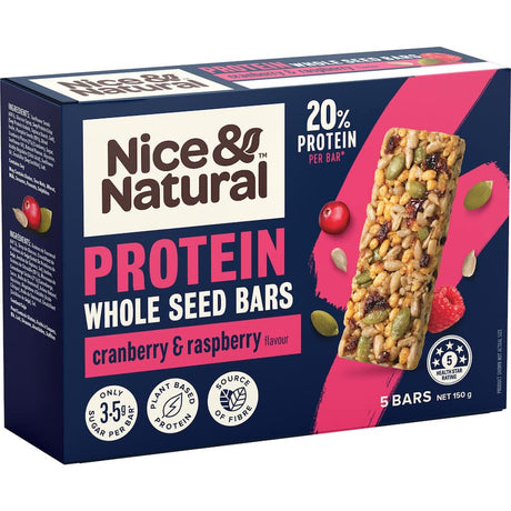 Wholesome protein bars featuring cranberry and raspberry, rich in seeds and 20% protein, perfect for a nutritious snack.