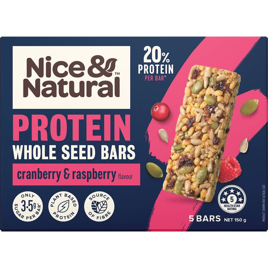 Wholesome protein bar featuring cranberry and raspberry, packed with seeds and 20% protein, low in sugar for guilt-free snacking.