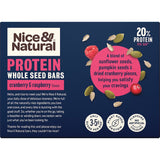 Nice & Natural Wholeseed Protein Bars with cranberry and raspberry flavors, packed with 20% protein and only 4g sugar.