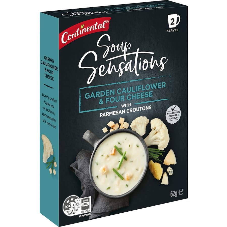 Creamy cauliflower and cheese instant soup mix, made with gourmet ingredients, serves two and offers authentic flavor.