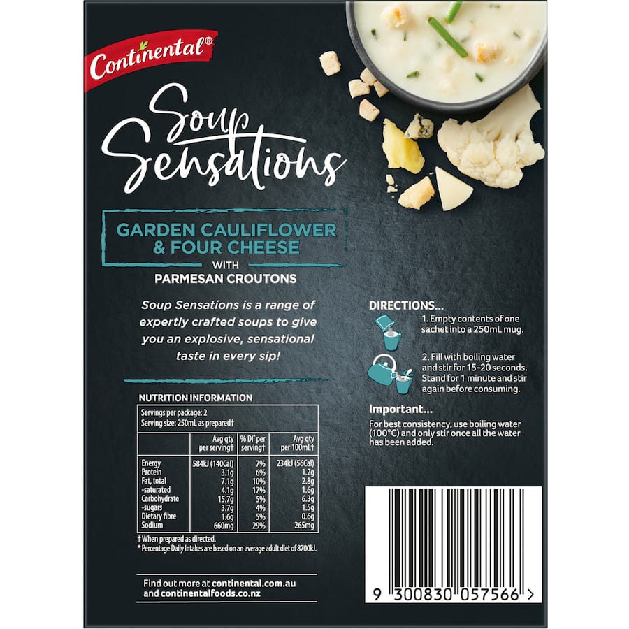 A creamy cauliflower and cheese instant soup mix, rich in flavor, perfect for a quick, gourmet meal serving two.