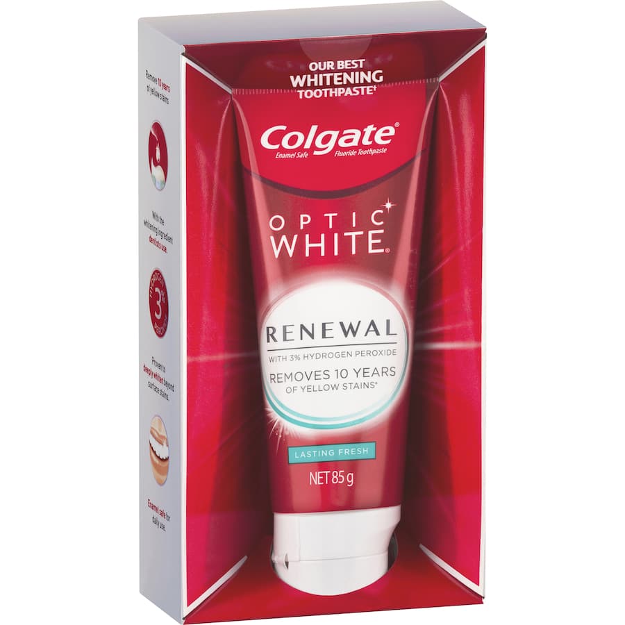Colgate Optic White Whitening Toothpaste Renewal brightens teeth, fights stains, and freshens breath with 3% hydrogen peroxide.